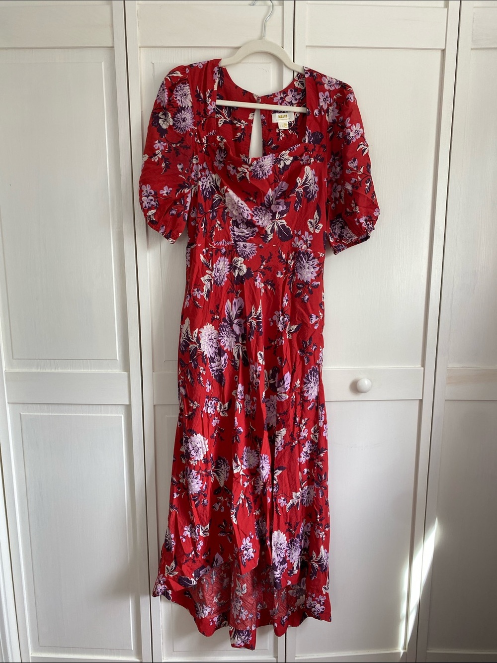 Anthropologie Red Floral Maxi Dress with Puff Sleeves